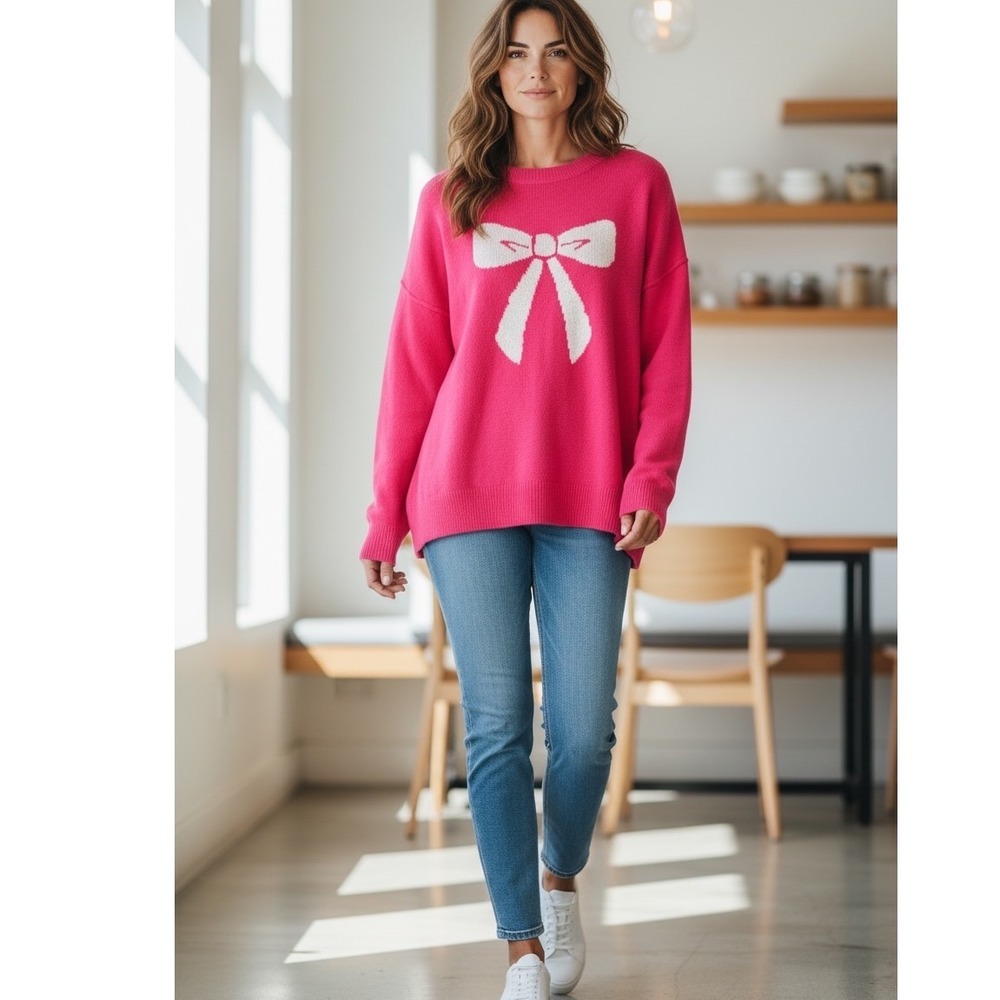 CeCe Hot Pink Bow Knit‎ Sweater Women's Small, Acrylic Blend NWT Valentine's Day - Picture 9 of 9